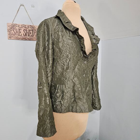 Chico's Olive Green Jacket Crinkle Textured Womens Medium Ruffled Career Mature - Picture 4 of 13